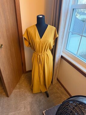 Zara Mustard Yellow V-Neck Button-Front Maxi Dress with Tie Waist